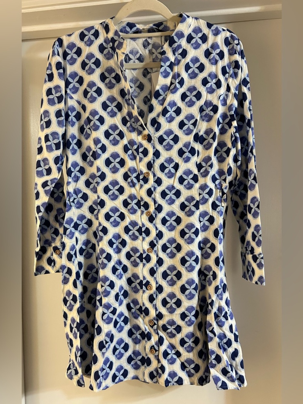 Zara blue and white geometric print shirt dress
